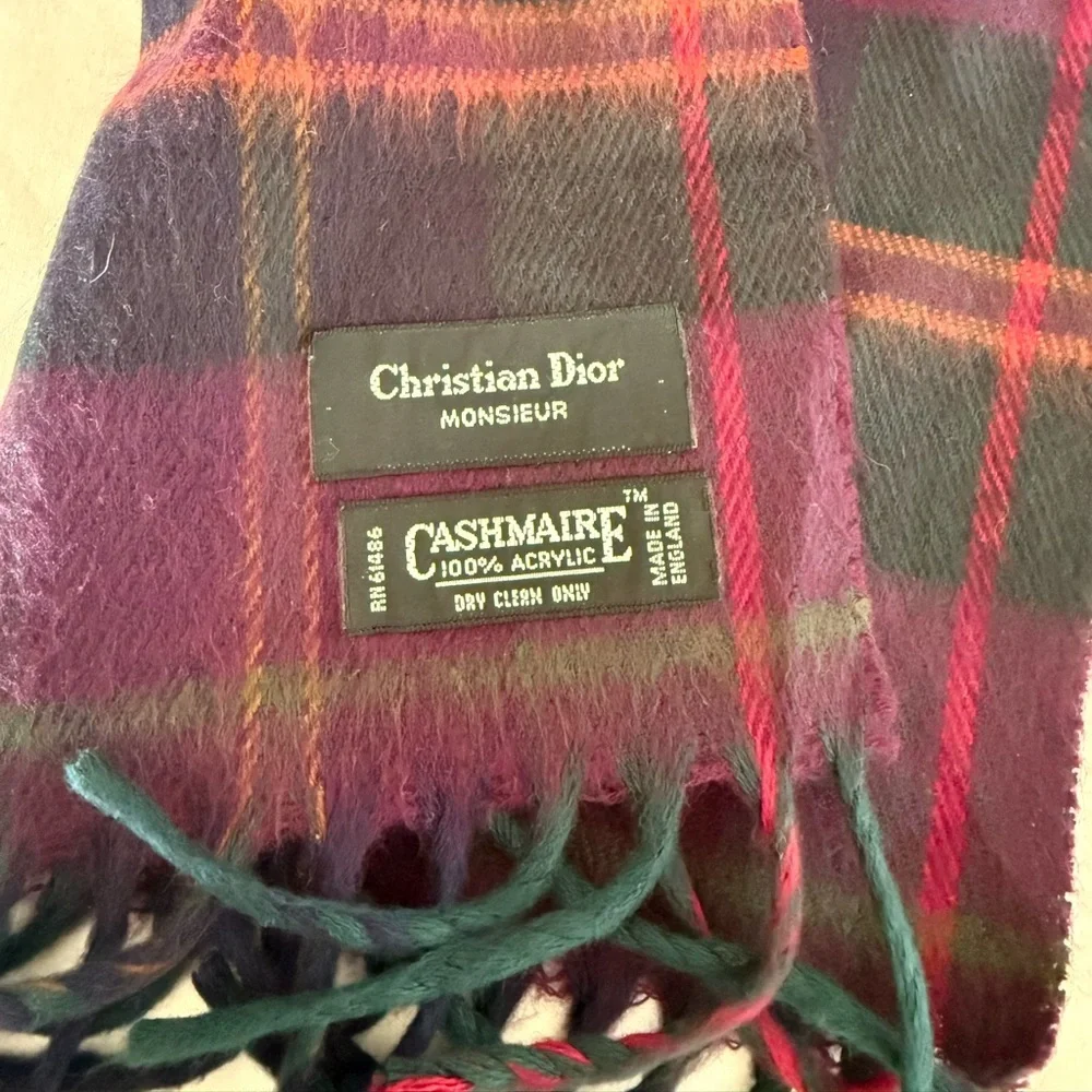 Vintage Christian Dior Monsieur Plaid Cashmaire Scarf, Mulberry, Forest Green
